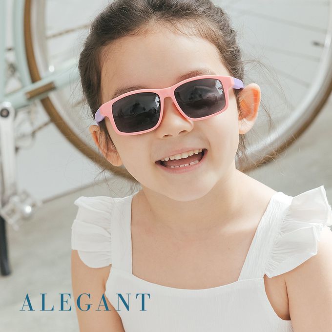 ALEGANT - 繽紛草莓粉紫拚色中性兒童專用輕量方形彈性偏光墨鏡│UV400太陽眼鏡