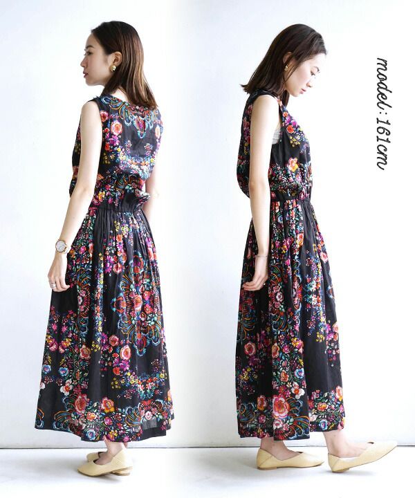 日本 zootie - 100%印度棉碎花無袖長洋裝-黑底歐風花園 (F)