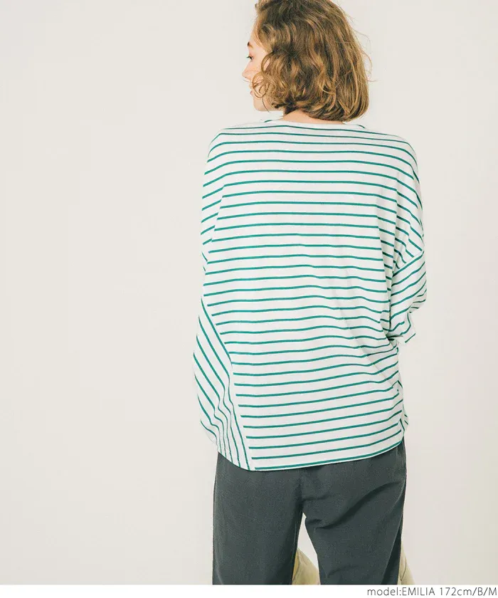 日本 COCA - 透氣百搭圓領飛鼠袖上衣-條紋-綠白