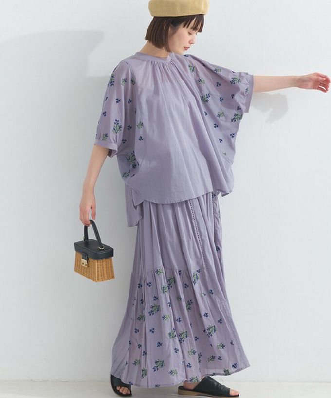 日本 Lupilien - 100%印度棉 優美植物刺繡大寬袖上衣-薄荷