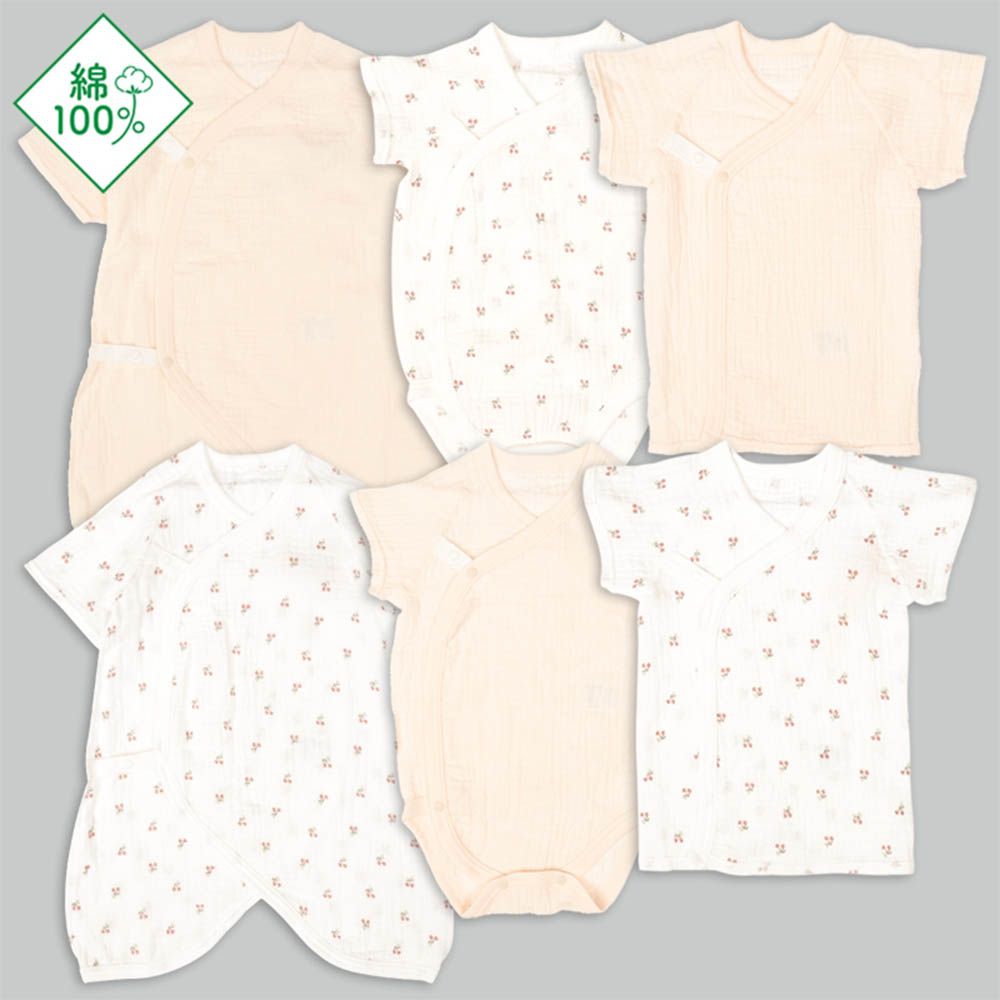 新生兒內衣6件組綁帶款短袖7分袖-櫻桃-粉紅色 (50~60cm)