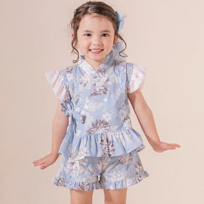 日本 Catherine Cottage - 甜美澎澎荷葉純棉二件式甚平-波斯貓-水藍