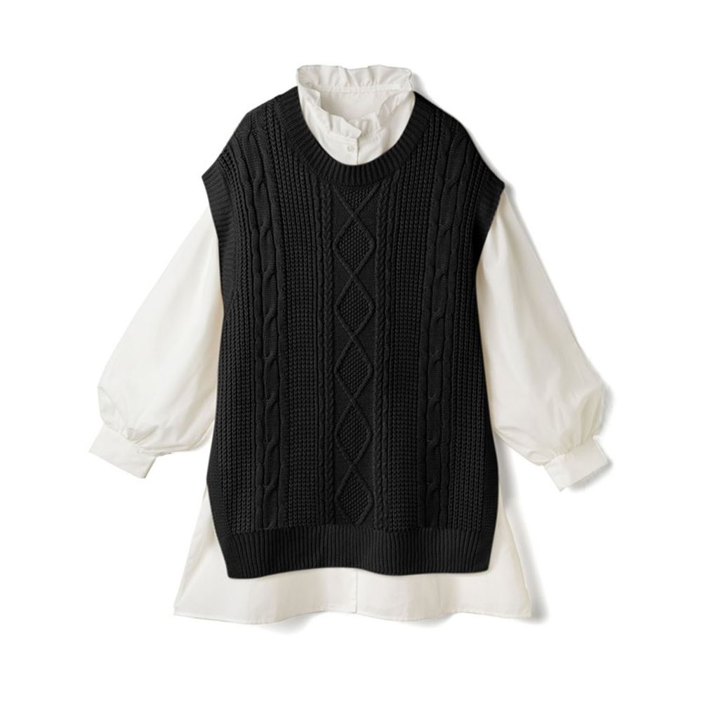 日本 GRL - 顯瘦編織紋針織背心X澎澎長袖短版洋裝套裝-黑
