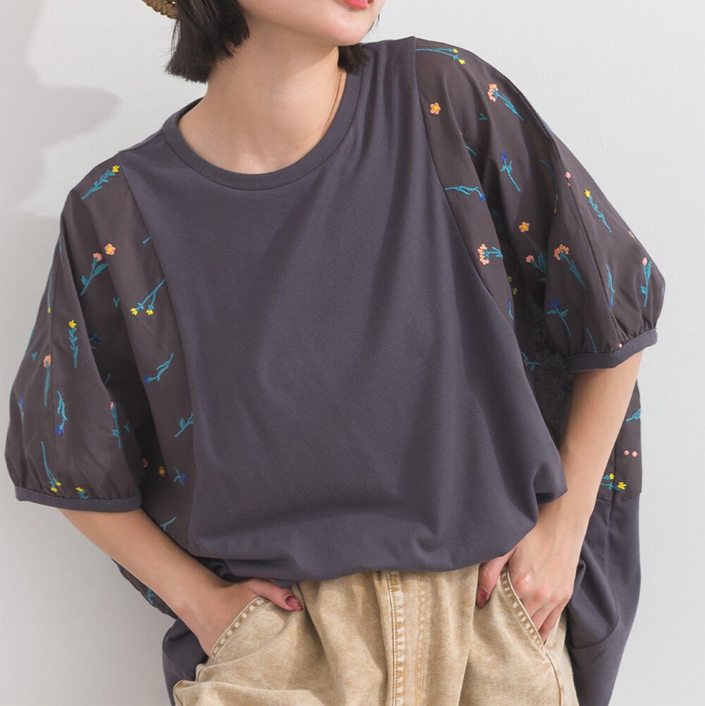 可愛刺繡圓領泡泡短袖上衣-花草-炭灰