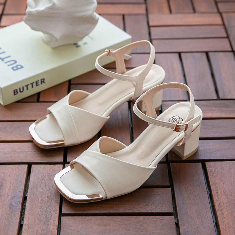 金屬鑲邊美型好走粗跟涼鞋(6.5cm)-象牙白