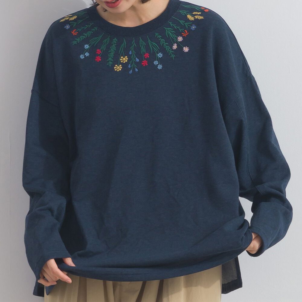 彩色刺繡花卉領裏毛長袖上衣-海軍藍