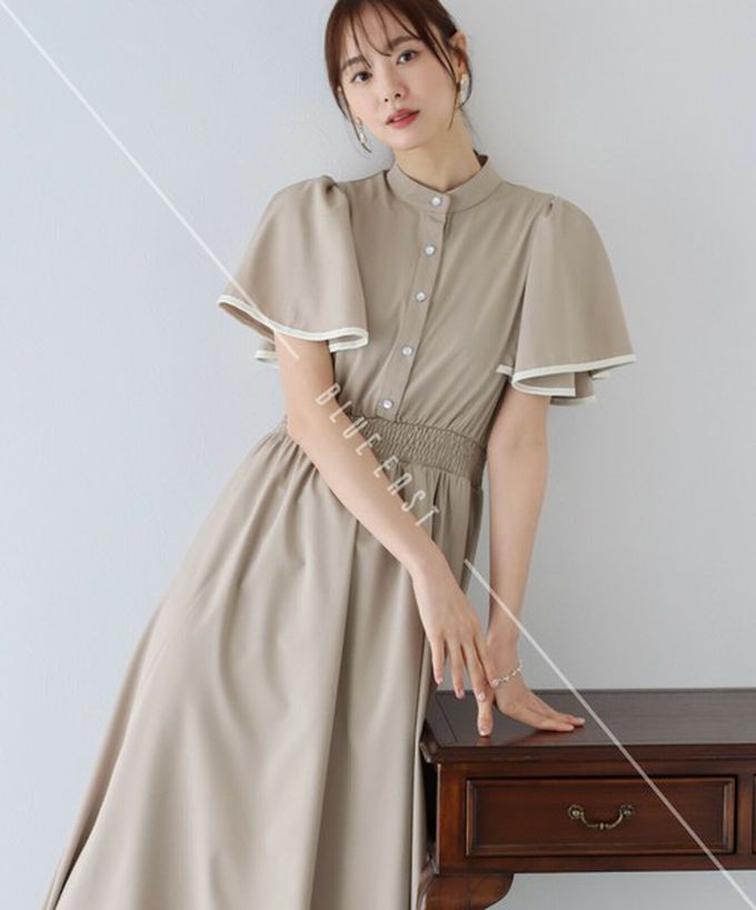 日本 BLUE EAST - 浪漫時光碎花雪紡短袖洋裝-水彩花紋-粉