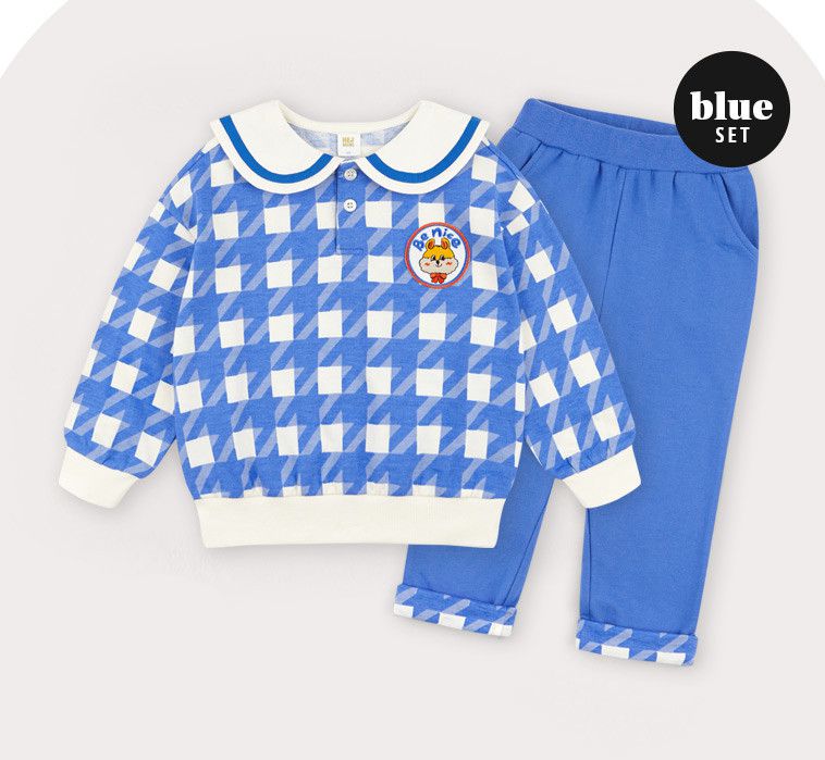 韓國 HEJMINI - 藍格紋水手領套裝-藍