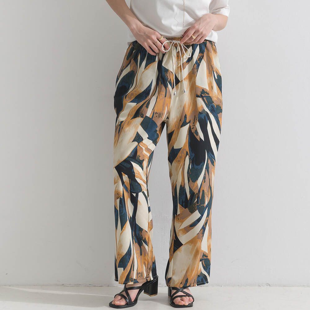 [人氣款]個性派印花輕盈寬褲-葉片-藍x橘