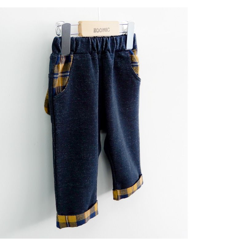 日本 ZOOLAND - 印花拼接七分褲-狗狗格紋-深藍