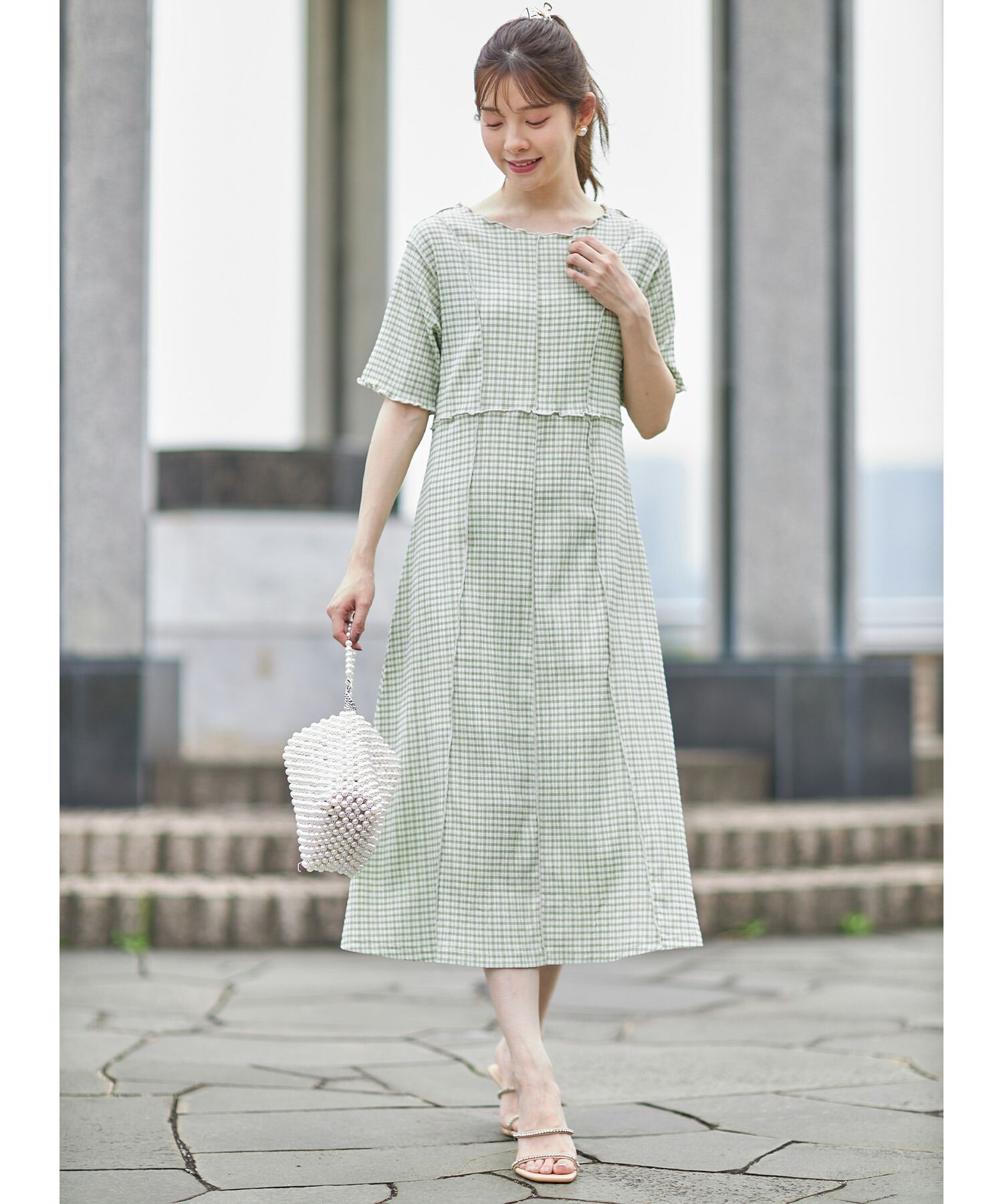 日本 tocco-closet - 修身線條五分袖洋裝-格紋-薄荷
