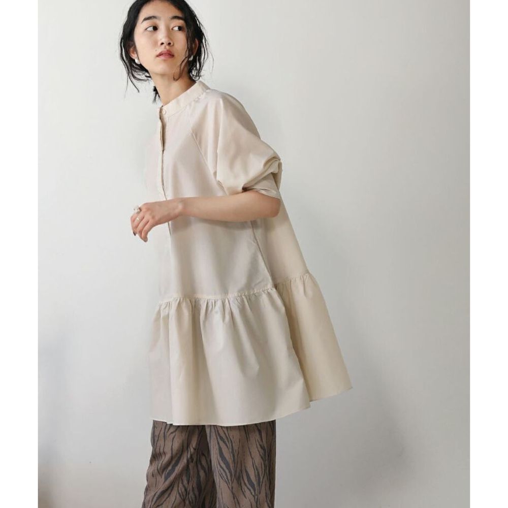 日本 Bou Jeloud - 寬版荷葉長版微高領七分袖上衣-杏