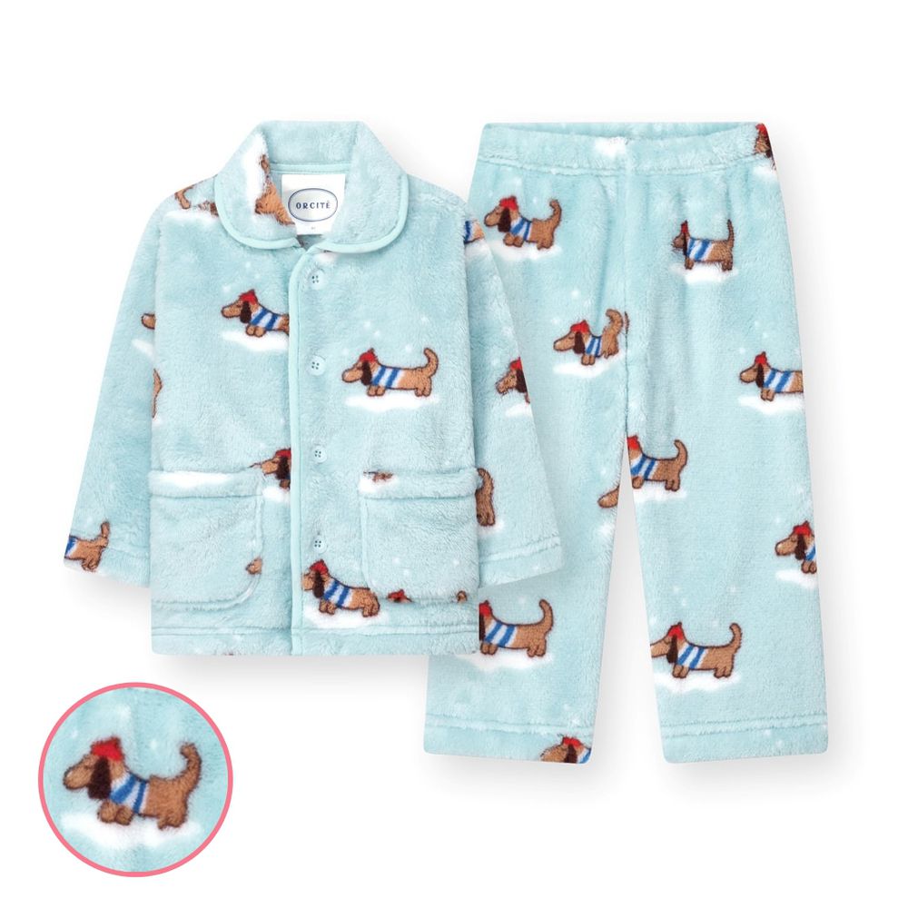 (男女寶適穿)蓬鬆柔軟天鵝絨保暖長袖睡衣套裝-狗狗-天藍