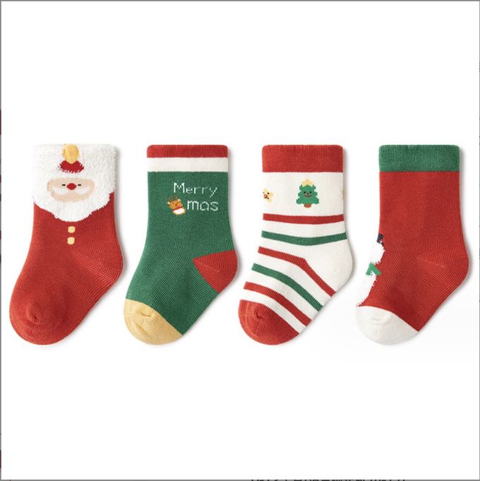 love, charlotte - 聖誕老公公聖誕主題無骨棉襪(腳長9cm起)-4 雙一組