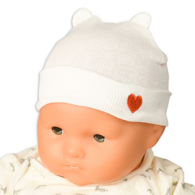 akachan honpo - 新生兒針織帽-愛心刺繡-米白色 (32~36cm)