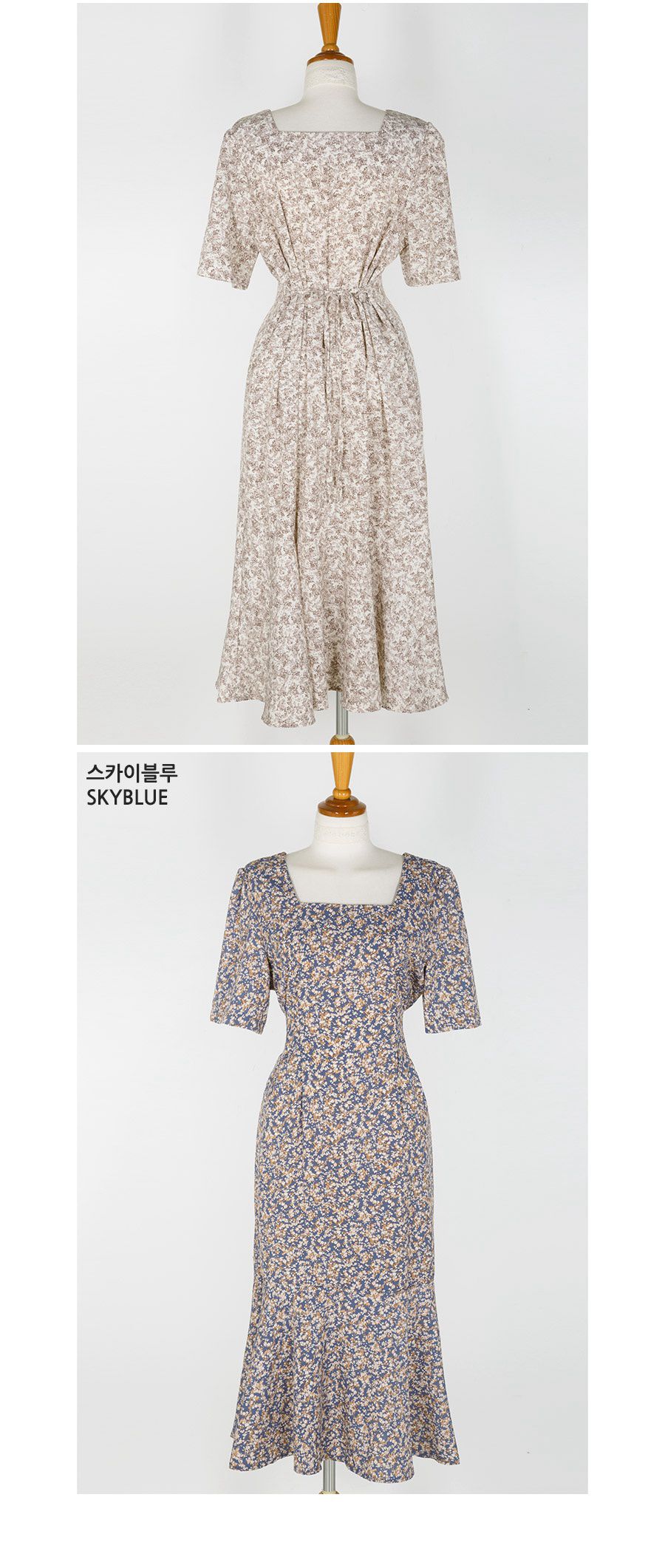 韓國 Urbantheroom - ㄩ字領收腰綁帶拼接洋裝-白底碎花 (Free)