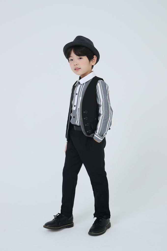 韓國 Coco Bang - 間隔條紋小口袋翻領長袖襯衫-灰