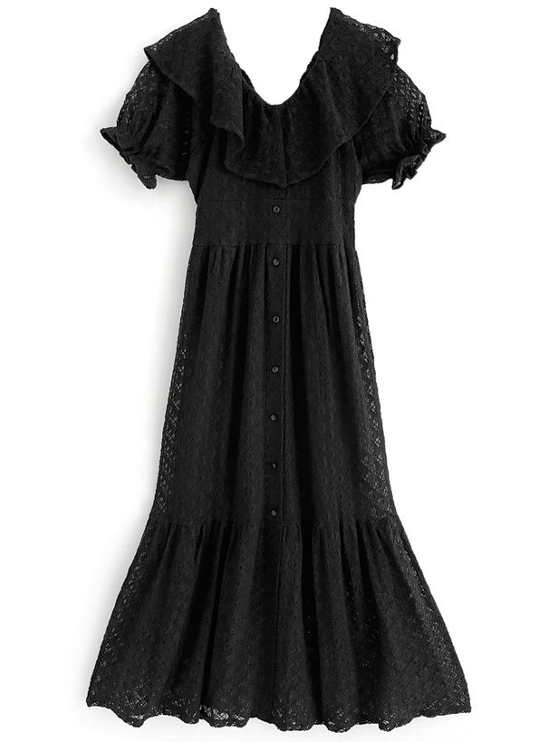 日本 GRL - 浪漫時光蕾絲雕花短袖洋裝-黑 (F)