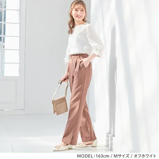 日本 BELLUNA - 仿麻料袖口蝴蝶結設計七分袖上衣-白