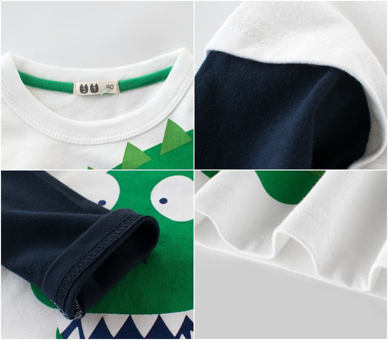 純棉長袖上衣-撞色恐龍-白色