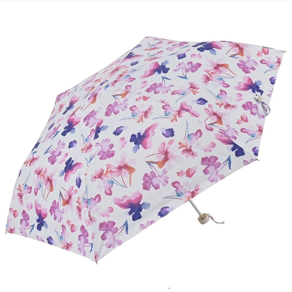 日本 nifty colors - 抗UV輕量 晴雨兩用折疊傘(遮光遮熱款)-水彩花朵-粉紫 (直徑98cm/231g)-99.9%