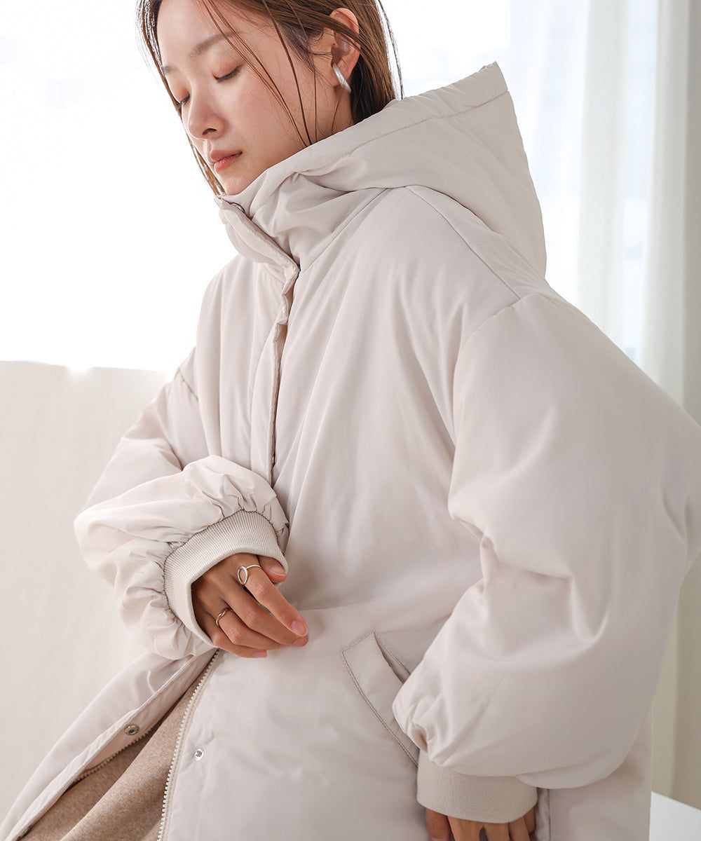 日本 Bab - 時尚大廓形抽繩連帽鋪棉外套-灰