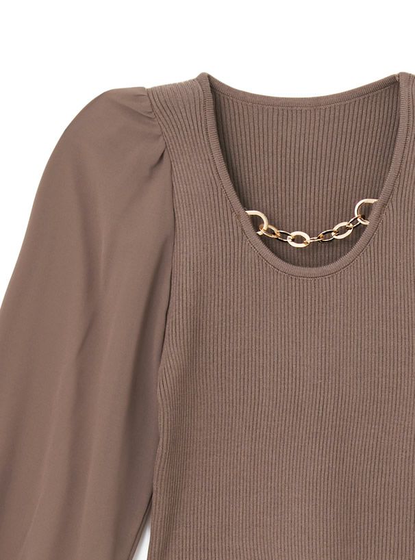 日本 GRL - 透膚薄紗拼接圓領金屬鏈長袖上衣-黑