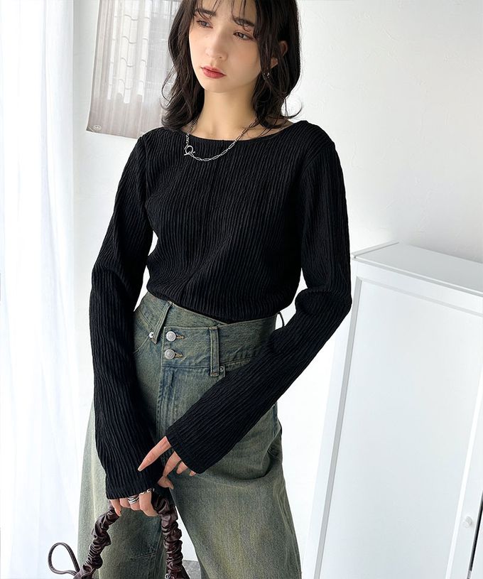 日本 Classical Elf - 前後2way微光澤紋理長袖上衣-黑