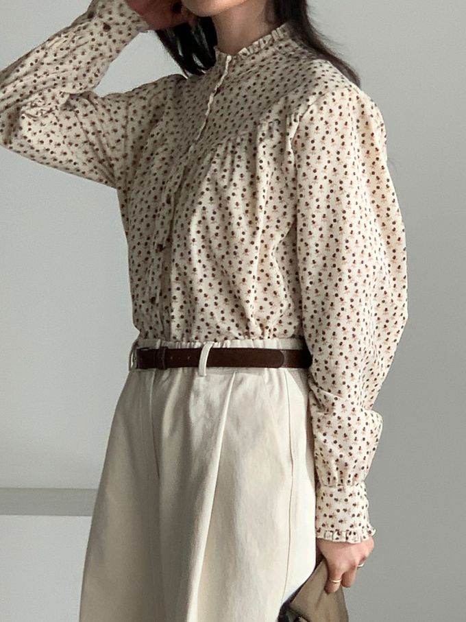 韓國女裝連線 - 滿版小花朵燈芯絨長袖襯衫-米 (FREE)