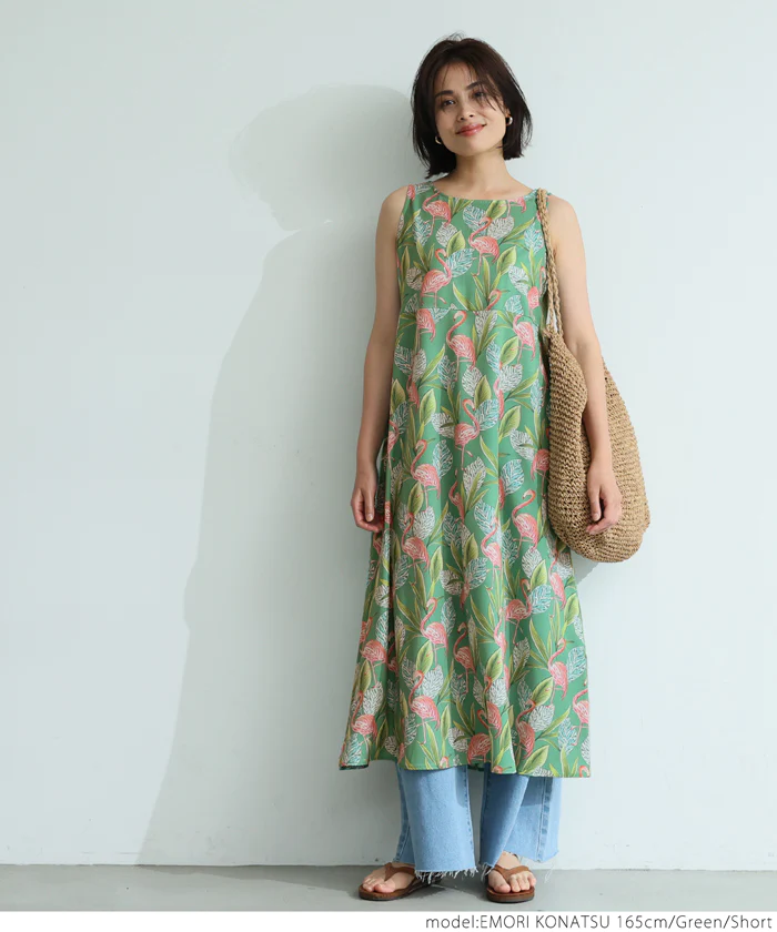 日本 COCA - 熱帶風情印花無袖洋裝-黑