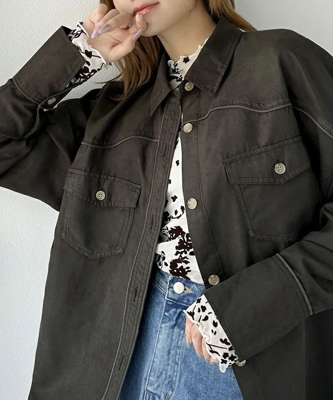 日本 Classical Elf - 成熟感花卉透膚木耳領長袖上衣-黑底棕花