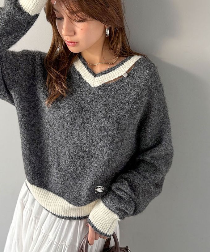 日本 Classical Elf - mily bilet 迷人鎖骨V領簡約針織上衣-象牙米