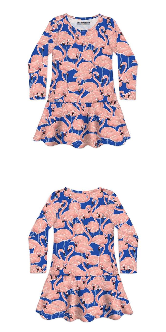 英國 SLEEP NO MORE - 100% 有機棉長袖連身裙-藍底粉紅鶴