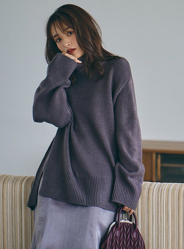 日本 GRL - 立領前短後長寬鬆針織毛衣-深咖啡