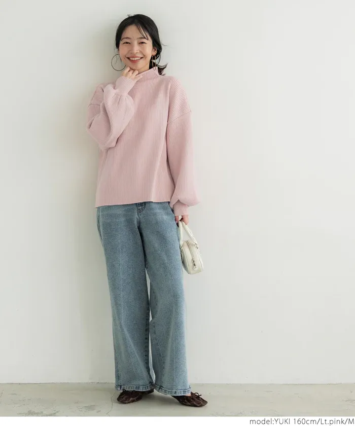 日本 COCA - 舒適修身立領羅紋毛衣-淺粉