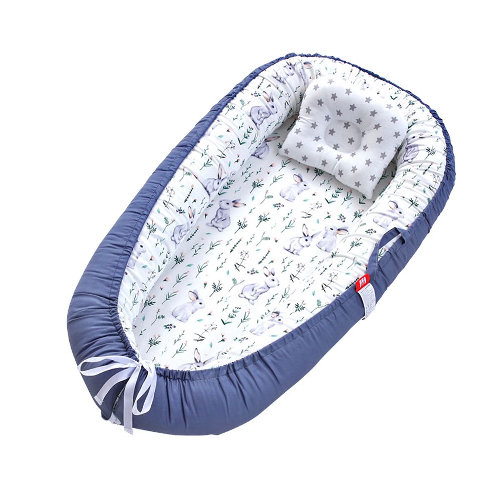 嬰兒床中床 純棉新生兒睡窩 贈枕頭/防塵袋-藍灰兔子 (50*85*13cm)