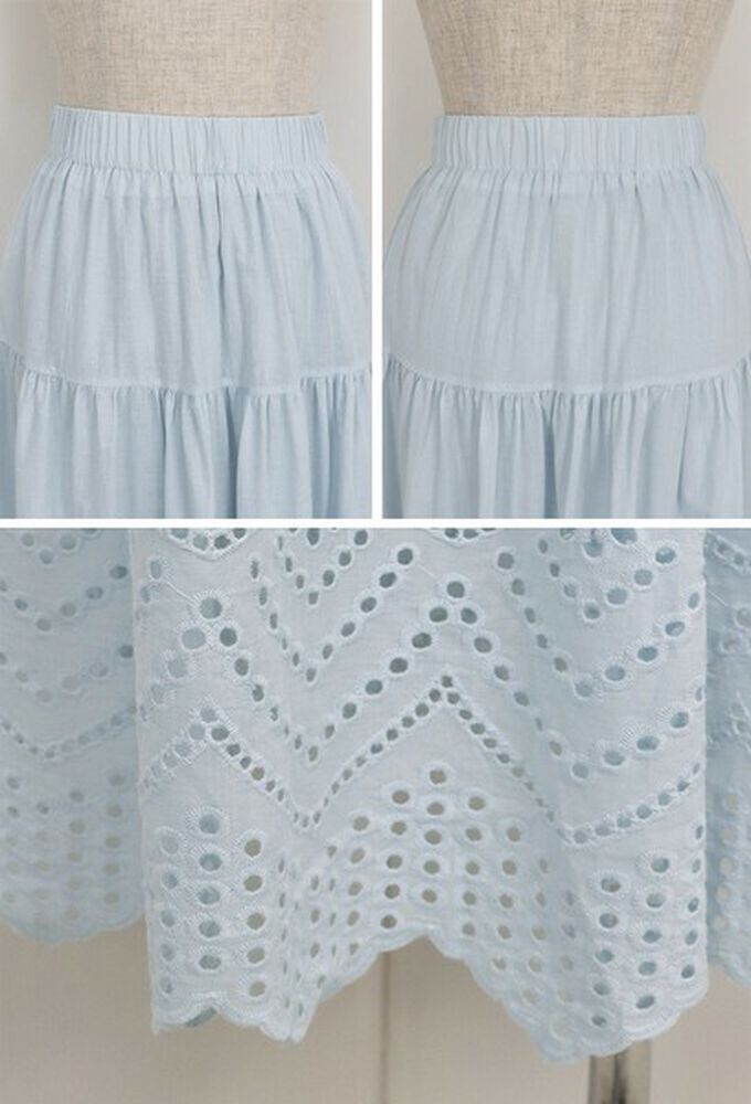 日本 BLUE EAST - 甜美雕花蕾絲下擺鬆緊長裙-水藍