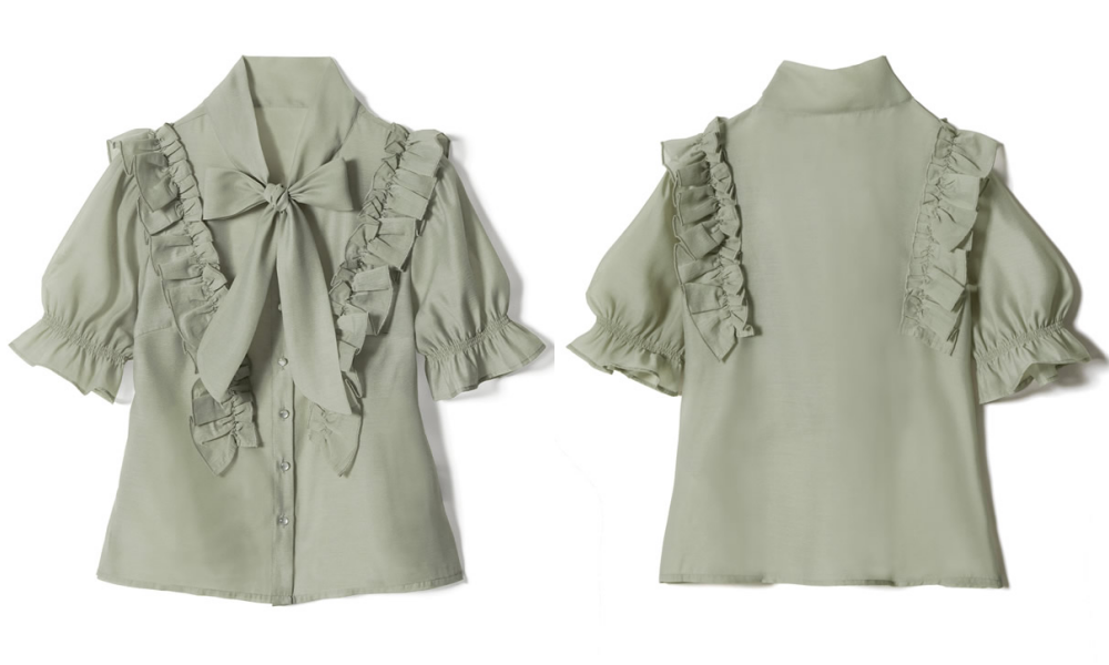 日本 GRL - 純棉優雅荷葉邊蝴蝶結綁帶短袖襯衫-莫蘭迪綠