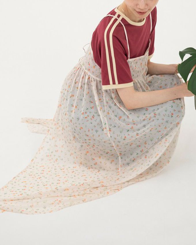 日本 gleam - 前後2way浪漫小花細肩帶薄紗洋裝-象牙米