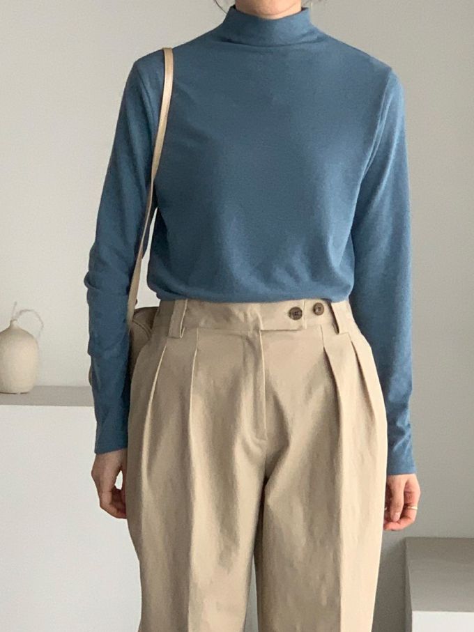 韓國女裝連線 - 百搭中領混羊毛長袖上衣-霧藍 (FREE)