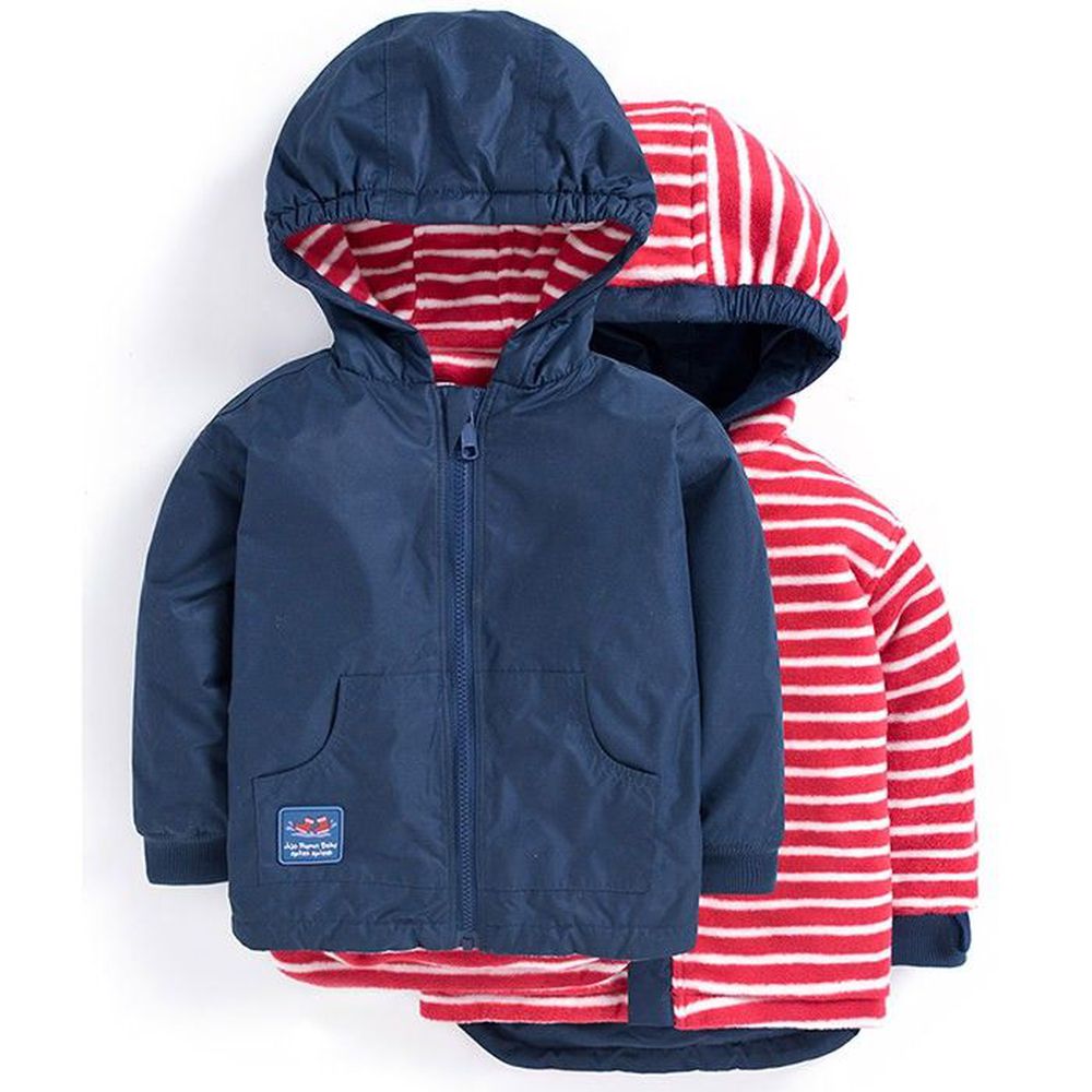 英國 JoJo Maman BeBe - 雙面穿鋪棉防水保暖外套-海軍藍/紅白條紋