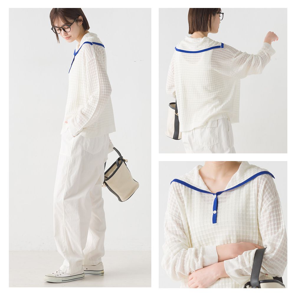 日本 OMNES - 水手領鬆餅紋薄針織上衣-水藍