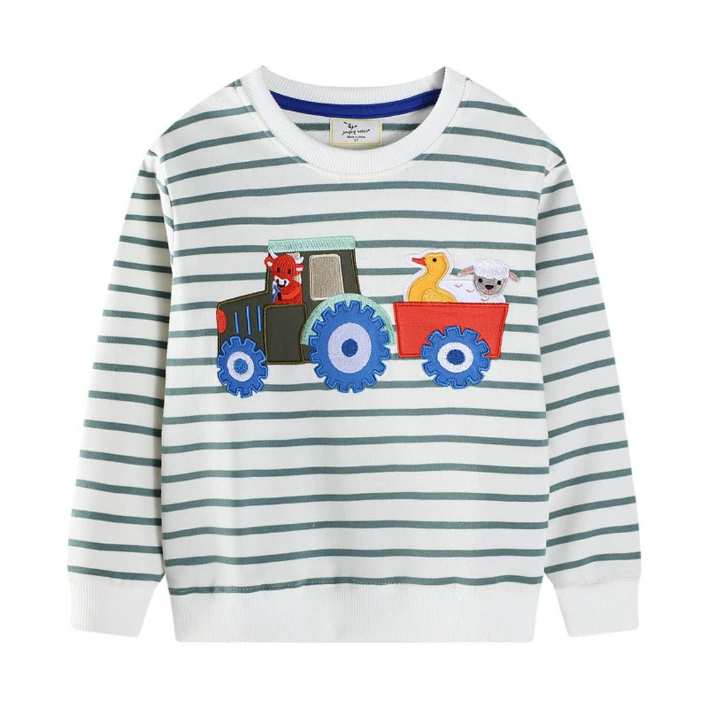 圓領棉質長袖上衣/大學T-牛牛運輸車-灰綠條紋