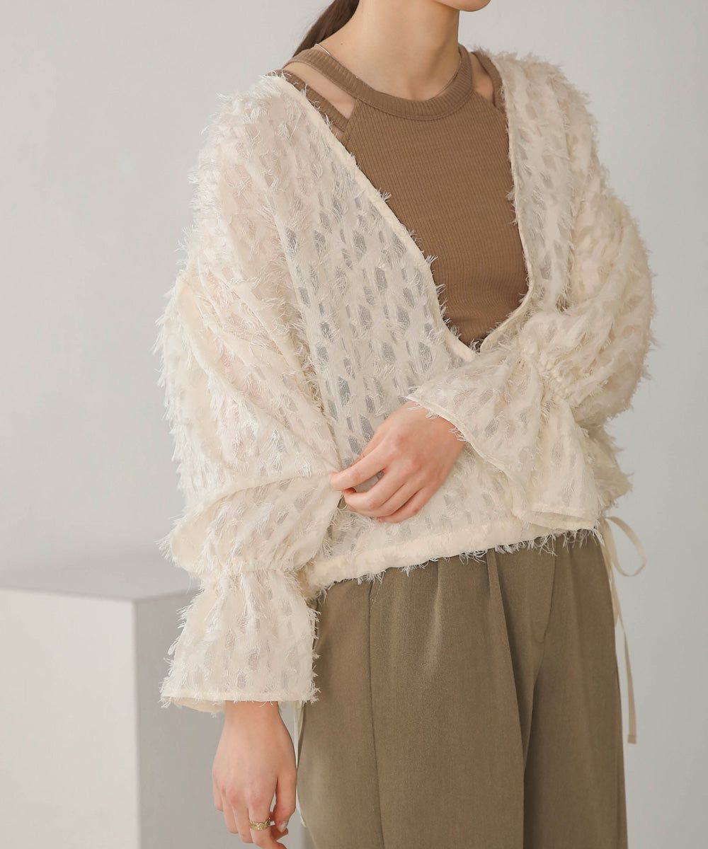 日本 Bab - 2WAY透感抽鬚糖果袖上衣-淺粉