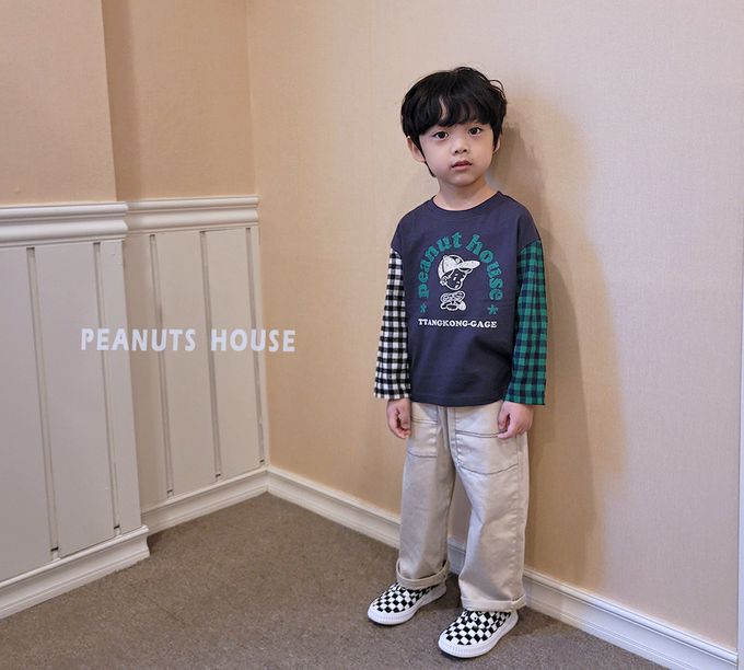 韓國 Peanuts House - 男孩印雙色格子拼接長袖上衣-藍黑X米杏X紅
