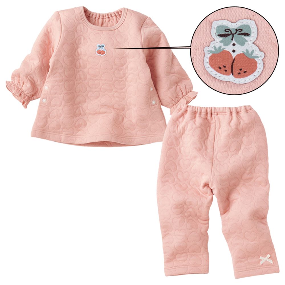 長袖鋪棉家居服-側邊按扣 草莓-粉紅色