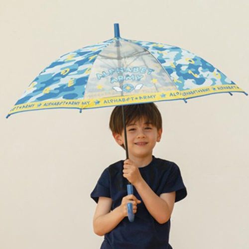 日本中谷 - 童趣透明窗親骨耐風兒童直傘-英文迷彩-藍 (50cm)