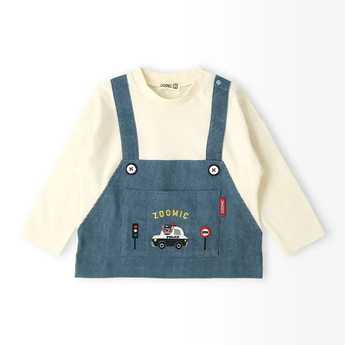 日本 ZOOLAND - 熊熊救援隊 燈芯絨吊帶拼接長袖上衣-警車-黑X軍綠