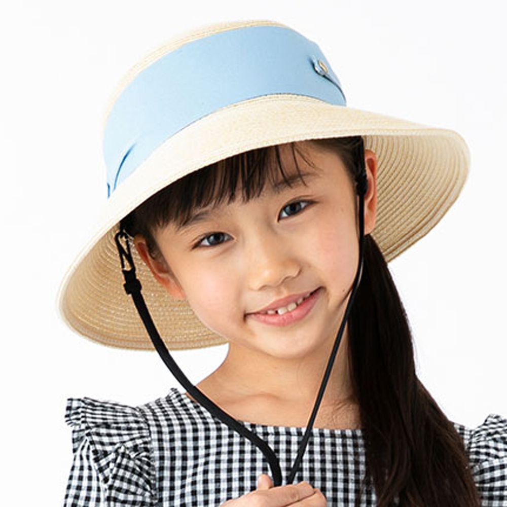 日本 irodori - 寬版緞帶雙鈕釦草帽(附防風帽帶)-兒童款-米X水藍 (54cm)