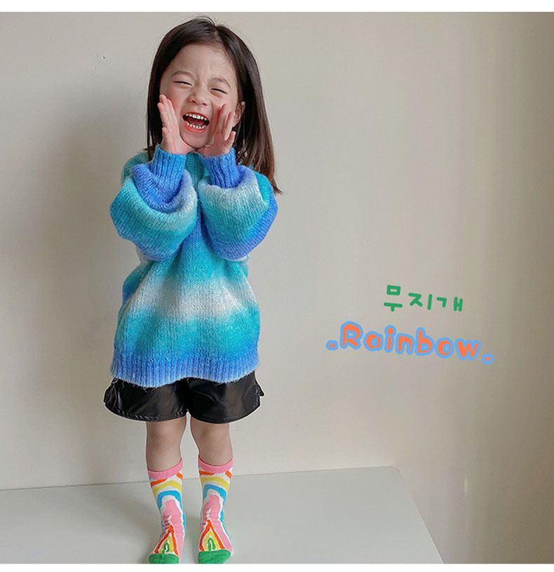 兒童中筒襪 (三入一組)-1097彩虹豹纹襪